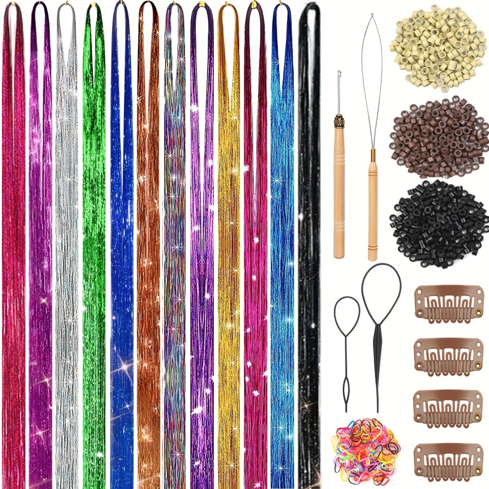 Hair Tinsel Kit 121 92 Cm 12 Colors 3400 Strands Fairy Tinsel Hair Extensions With Tools Glitter Hair Tinsel Heat Resistant Accessories For Girls Wome