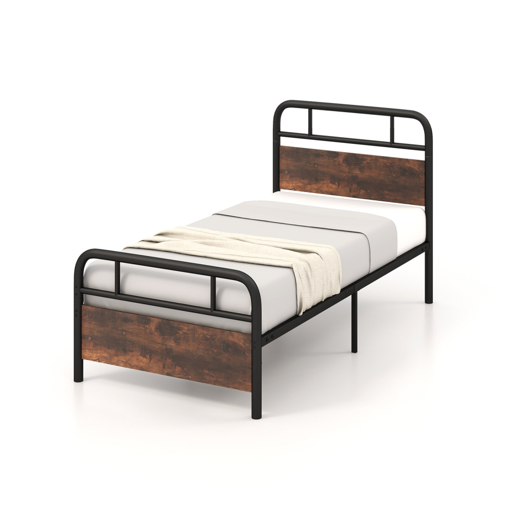 (198 x 92 cm, Rustic) Single Bed Frame Metal Platform Bed w/ Headboard