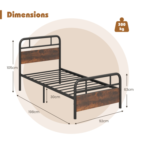 Costway (198 x 92 cm, Rustic) Single Bed Frame Metal Platform Bed w/ Headboard 1
