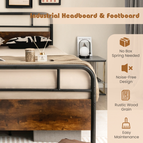 Costway (198 x 137 cm, Rustic) Double Bed Frame Metal Platform Bed w/ Headboard 2