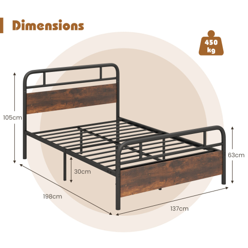 Costway (198 x 137 cm, Rustic) Double Bed Frame Metal Platform Bed w/ Headboard 1