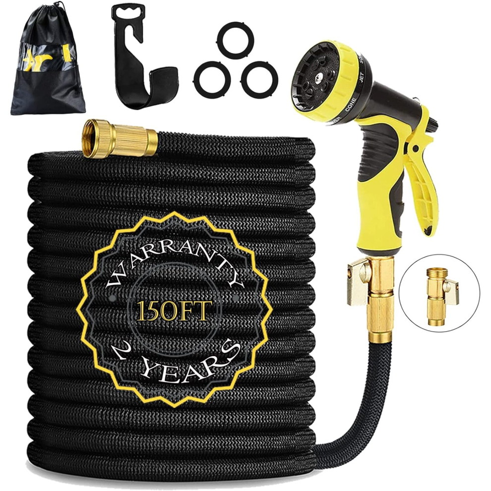 Temkin Garden Hose 150Ft 45M Strongest Double Latex Inner Tube Prevent Leaking Magic Hosepipe With 9 Function Spray Gun+Solid Brass Fittings