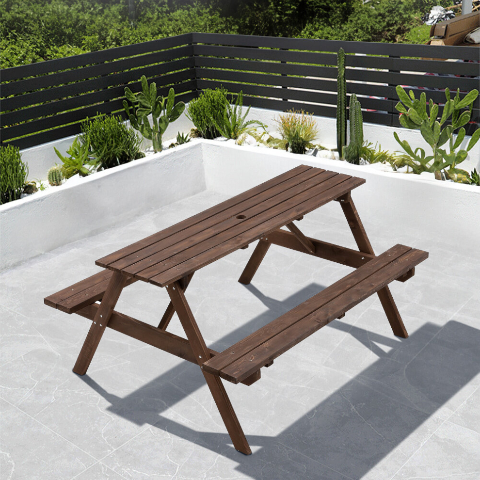 (6 Seater - 150cm) 4/6 Seater Garden Patio Pub Picnic Bench Wooden Table Set Outdoor Umbrella Hole