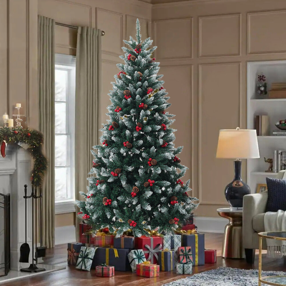 5.9 ft Artificial Christmas Tree Snowy Pine Tree with Pine Cones Berries Decor