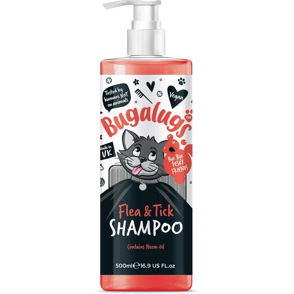 Bugalugs Flea And Tick Cat Shampoo By 500Ml, Deep Cleansing Shampoo For Cats For Fleas, Ticks & Mites Contains Neem Oil