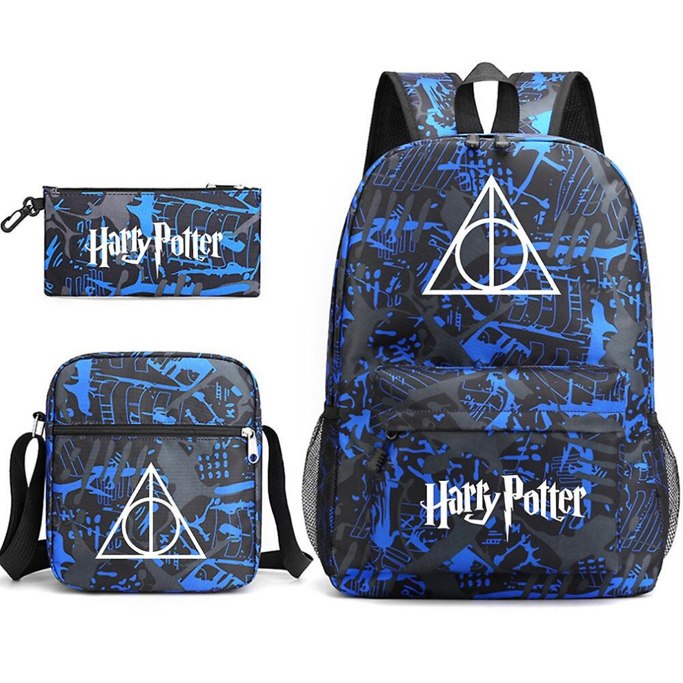 (blue suit) Children's Harry Potter Three-piece School Bag Printed Large Capacity Outdoor Backpack#3