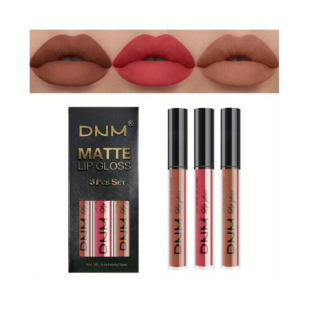 Red,Brown,Multicoloured 3Pcs Long Lasting Matte Liquid Lipstick Set For Women Dark Red Brown With Smudge Proof Formula