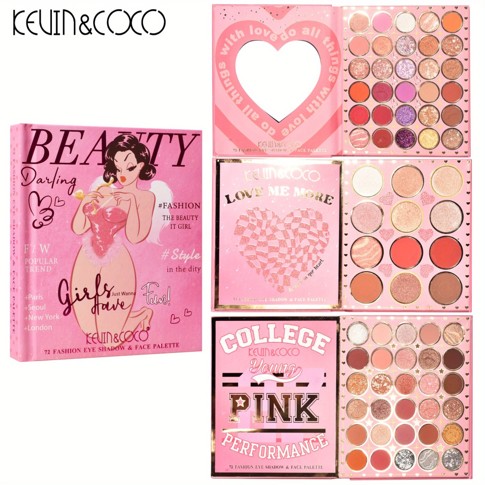 Pink,Multicoloured Kevin&Coco 72 Eyeshadow Tray Blush Highlight Brightening Skin Tone Lasting Makeup Tray For Women