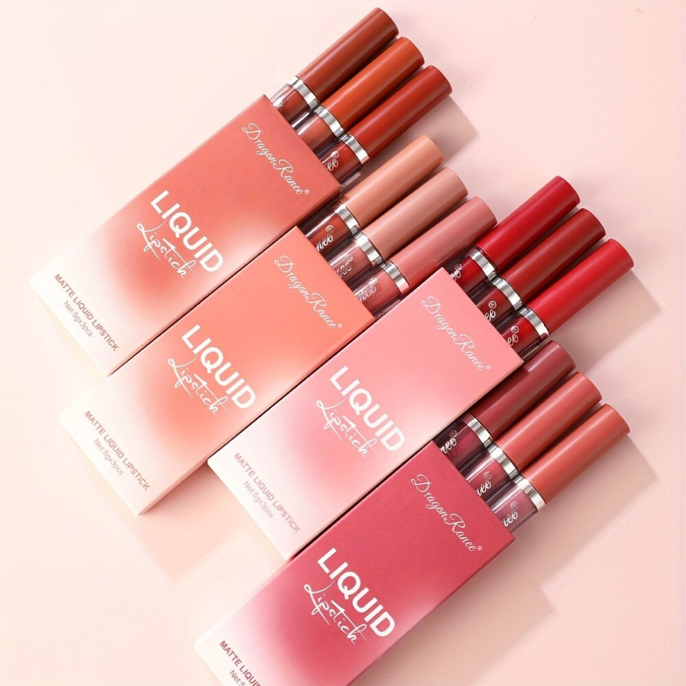 Black 3 Matte Lip Glaze Set Waterproof Smudge Proof Air Velvet Lip Gloss Lipstick Set