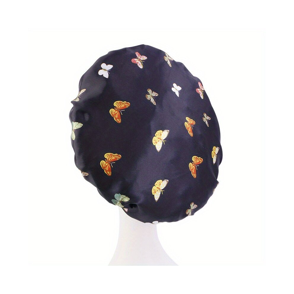 Black Butterfly Pattern Satin Bonnet With Wide Elastic Band Satin Silk Night Sleep Cap Shower Cap