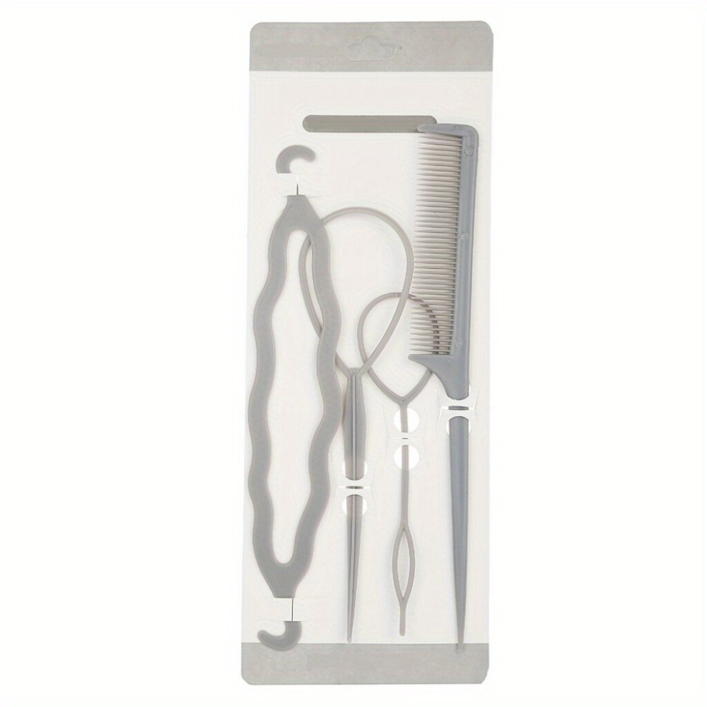 Unisex Grey 4Pcs Set Hair Brush Hair Twist Styling Tools Clip Stick Bun Maker Braid Tools Hair Accessories For Women Girls