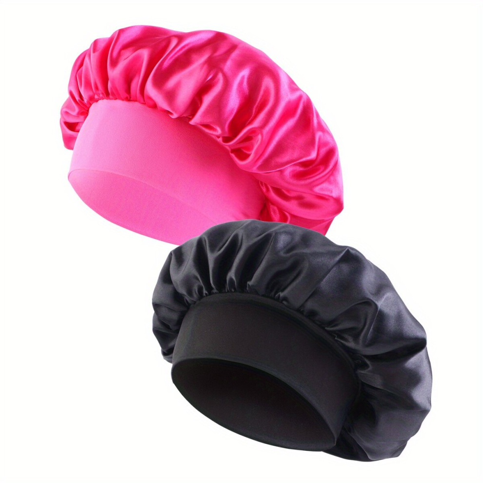 2pcs Satin Bonnet Night Sleep Hair Caps Silky Bonnet Satin Double Layer Adjustable Head Cover Hats For All Hair Types Hair Styling Accessories