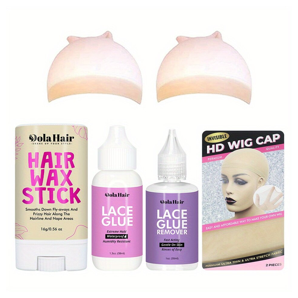 Lace Wig Glue Set Waterproof Lace Front Wig Glue For Wigs With Tools And Hair Wax Stick Wig Glue 1 Wig Glue Remover 1 Hair Wax Stick 1 HD Wig Cap 38ML
