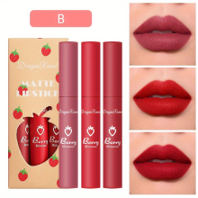 3 Colors Strawberry Berry Matte Lipstick Softness Velvet Matte Lip Gloss Light Weight Non Stick Cup Long Lasting Liquid Lipstick