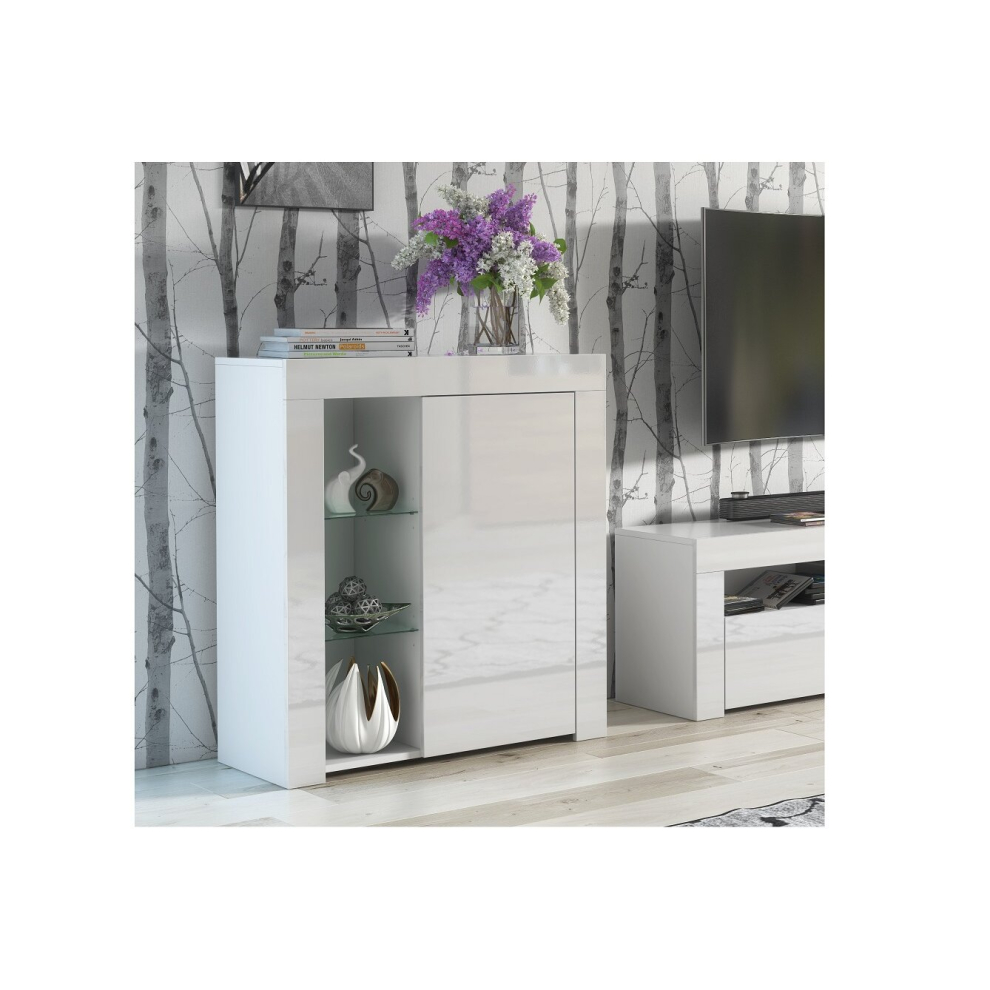 Glass Display Cabinet Unit Shelves Storage Small Slim White Gloss Lily
