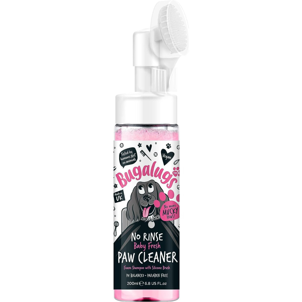 Bugalugs Dog Paw Cleaner No Rinse Foam Cat & Dog shampoo with Silicone Brush Head, waterless grooming products.