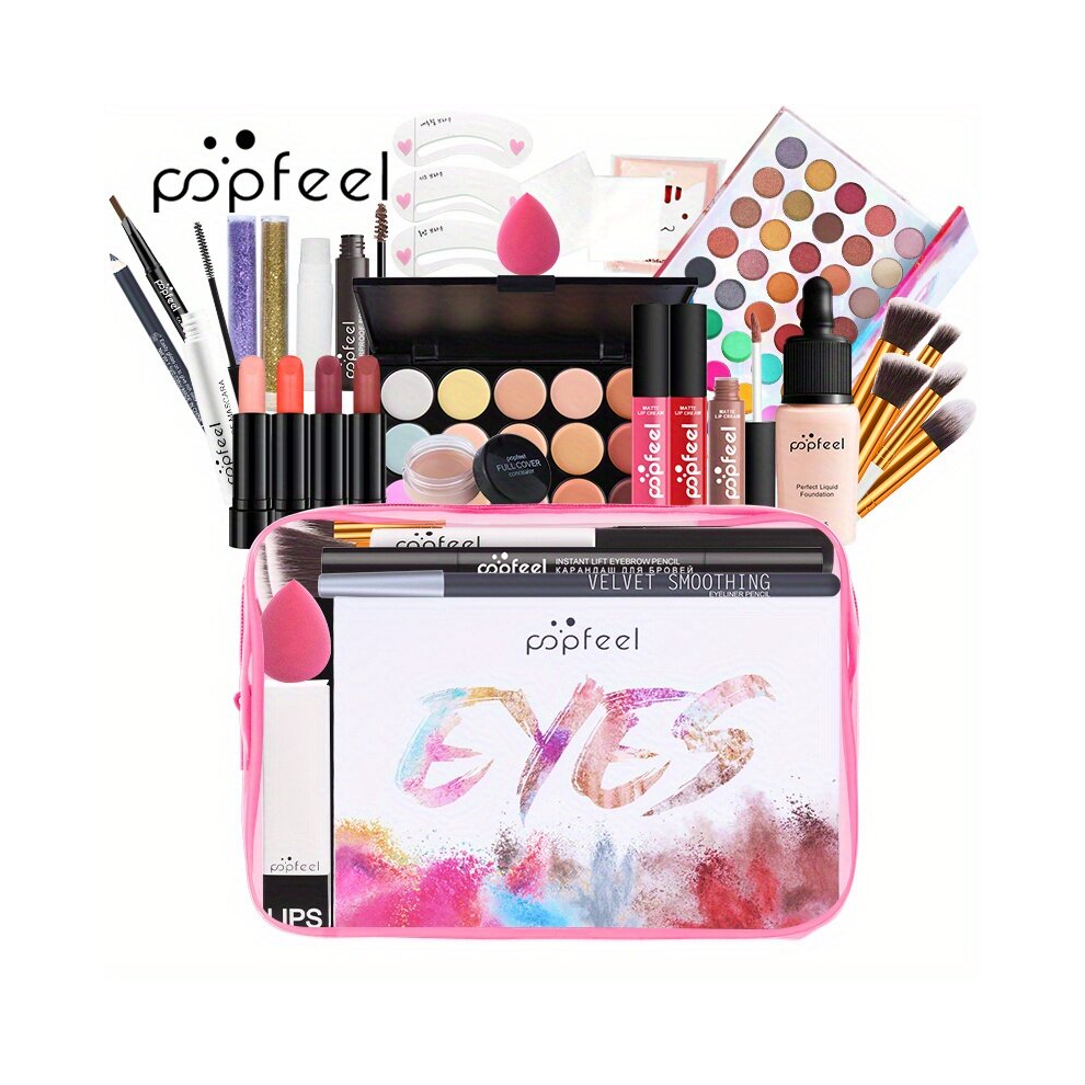 Multicoloured Womens Makeup Gift Set Eyeshadow Eye Pigment Eyebrow Pencil Lip Gloss Lipstick Lip Balm Makeup Pads Powder Puff Makeup Brushes Eyebrow Stencil Beginn