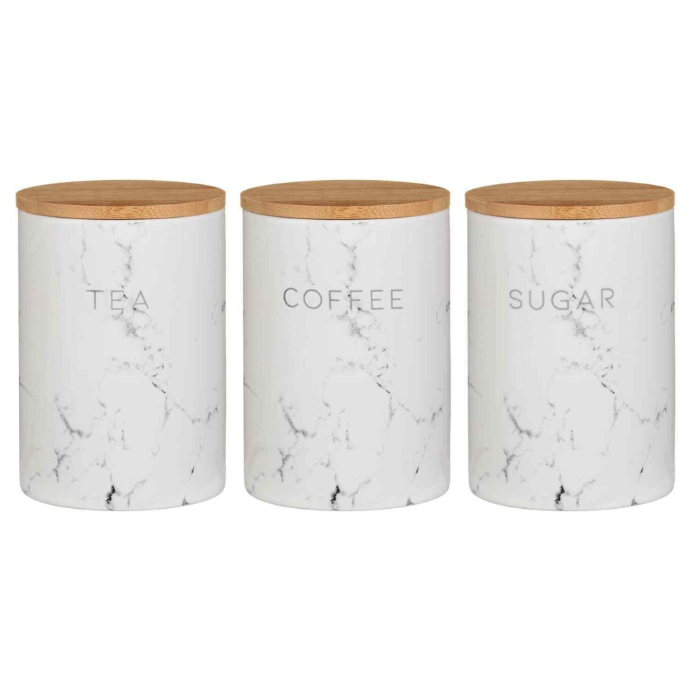 Set Of 3 Tea Coffee Sugar Marble Ceramic Canisters Storage jars