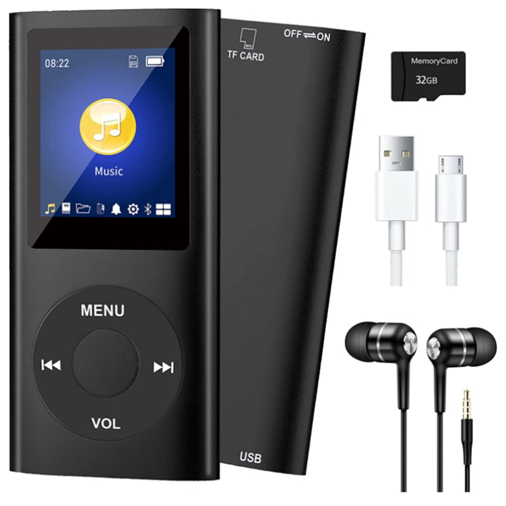 Bluetooth 5.0 MP3 Player with 32GB TF Card, 1.8-inch Screen, Noise-Reduction Chip, Supports MP3/WMA/FLAC/APE/OGG, 40h Battery, Includes Headphone