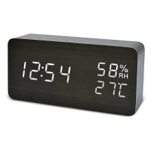 Digital Wooden Alarm Clock, with 3 Alarm Settings, Electronic LED Time Display, 3 Level Brightness & Temperature-Black wood white font