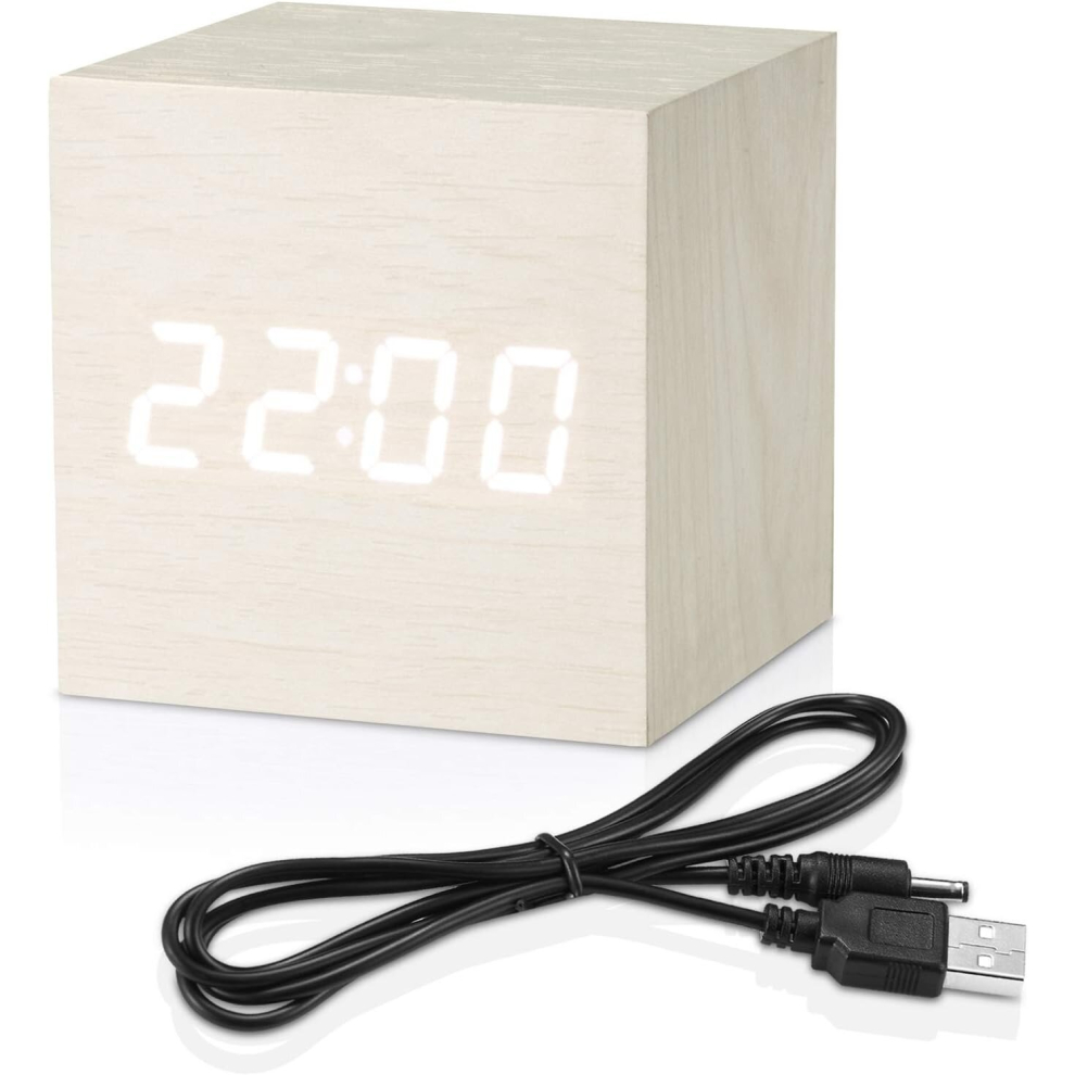 Digital alarm clock white, LED light mini modern cube desktop alarm clock showing time date temperature