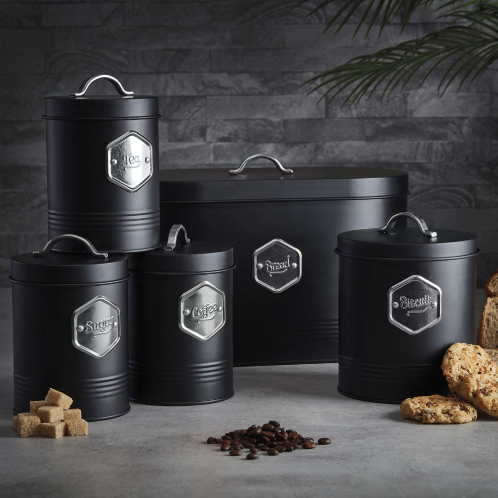Cooks Professional Kitchen Storage Set Bread Bin Sugar Tea Coffee & Biscuit Tins 5 Piece Set  Black/Silver