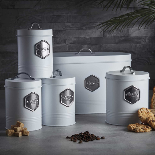 Cooks Professional 5-Piece Kitchen Storage Set: Bread Bin, Biscuit Tin & Tea, Coffee & Sugar Canisters - White/Silver (K301)