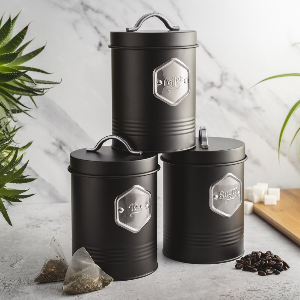 Cooks Professional Black/Silver Tea Coffee & Sugar Canisters Bin Jar Storage 3Pc