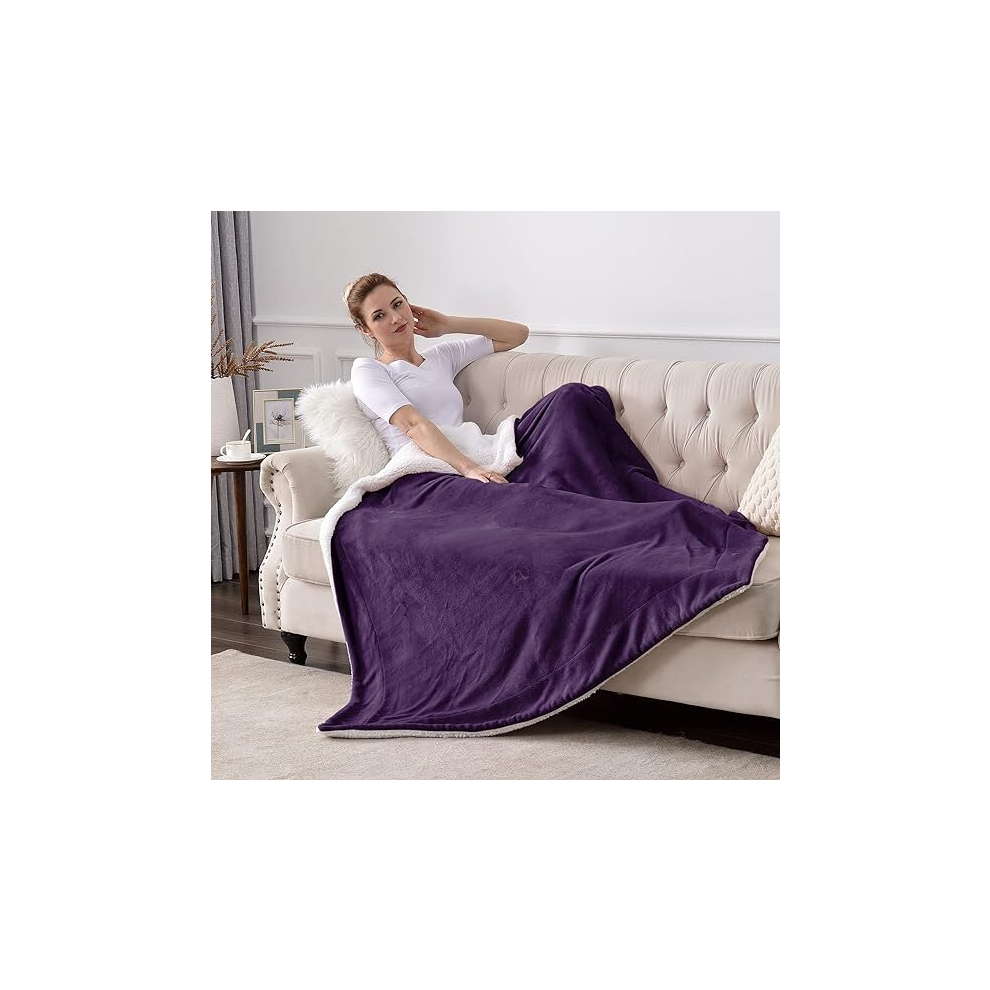 (Purple , Large - 200x240 cm) Warm Blankets Sherpa Fleece Single Double King UK