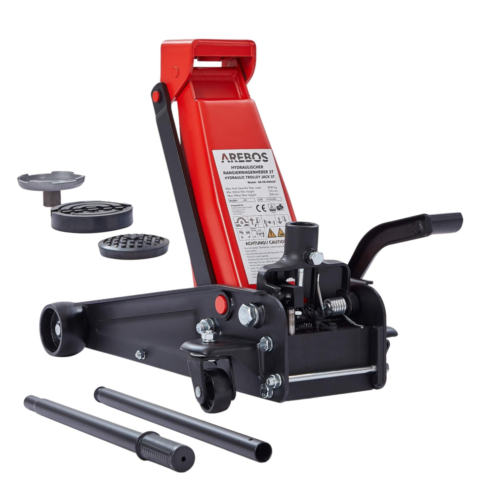 AREBOS 3T Hydraulic Manoeuvring Jack with integrated foot pedal | Underride height 130-508 mm | 2 rubber pads | Jack Jack 360 rollers | Jack Stand