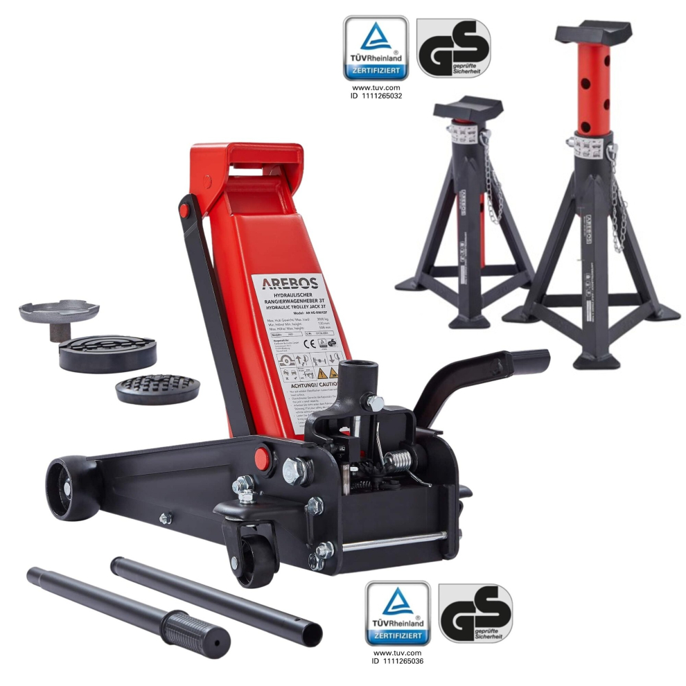 AREBOS 3T Hydraulic jack with foot pedal | 2x jack stands | 3 tons load capacity | 2 supports | jack stands car