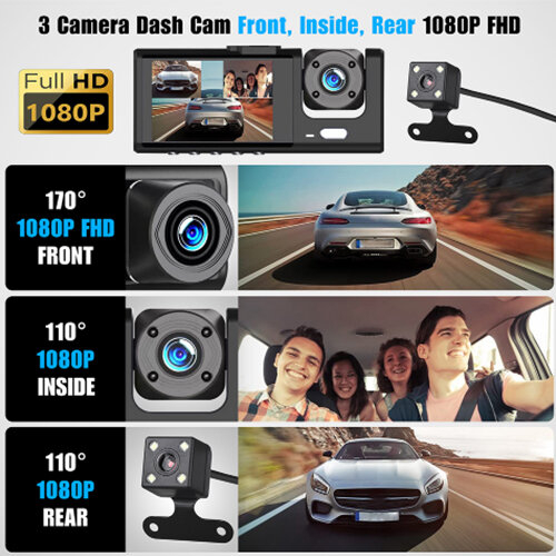 Car Dual Lens Dash Cam HD 1080P Front/Rear/Inside Video Recorder Camera G-sensor 1