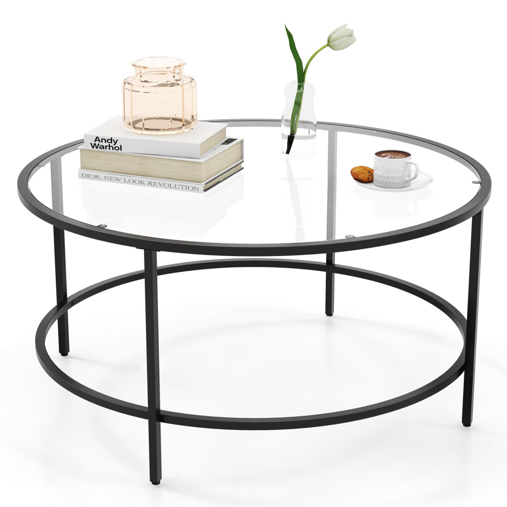 90cm Round Coffee Table Central Tea Snack Table Glass Top Metal Frame