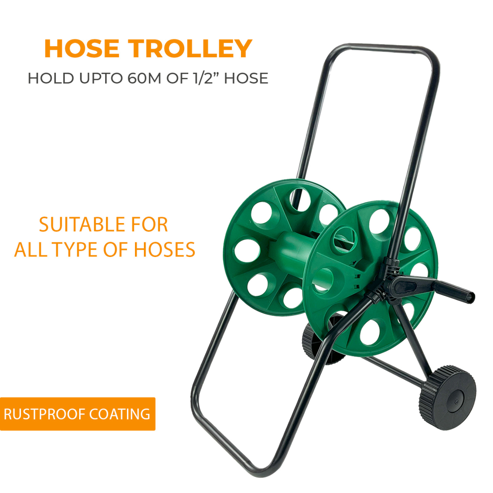 Denny Int Ltd Garden Hose Reel Trolley 60M Portable Water Pipe Free Standing Hose Cart