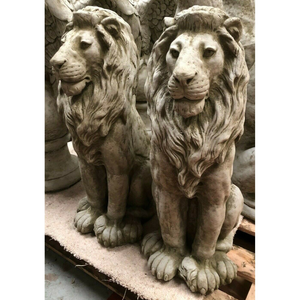 Pair Regal Lion Statues | Reconstituted Stone Animal Garden Ornament