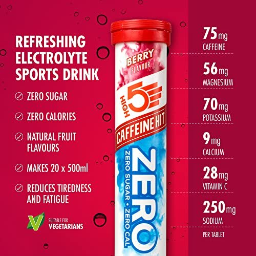 HIGH5 ZERO Caffeine Hit Electrolyte Hydration Tablets Added Vitamin C (Berry, 8x20 Tablets) 1
