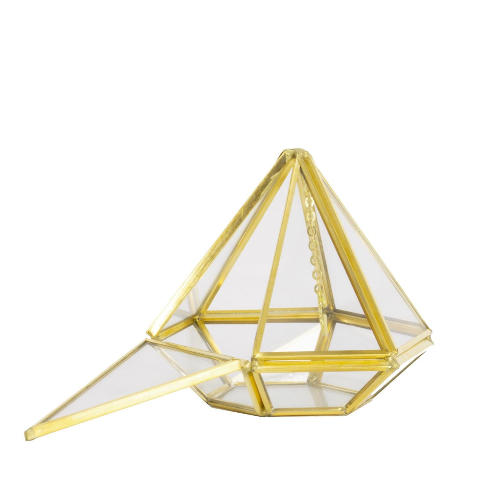 Glass Vintage Jewelry Ring Display Box Golden Geometric Hanging Prism Ring Holder Pyramid Ring Display Case Keepsake Box