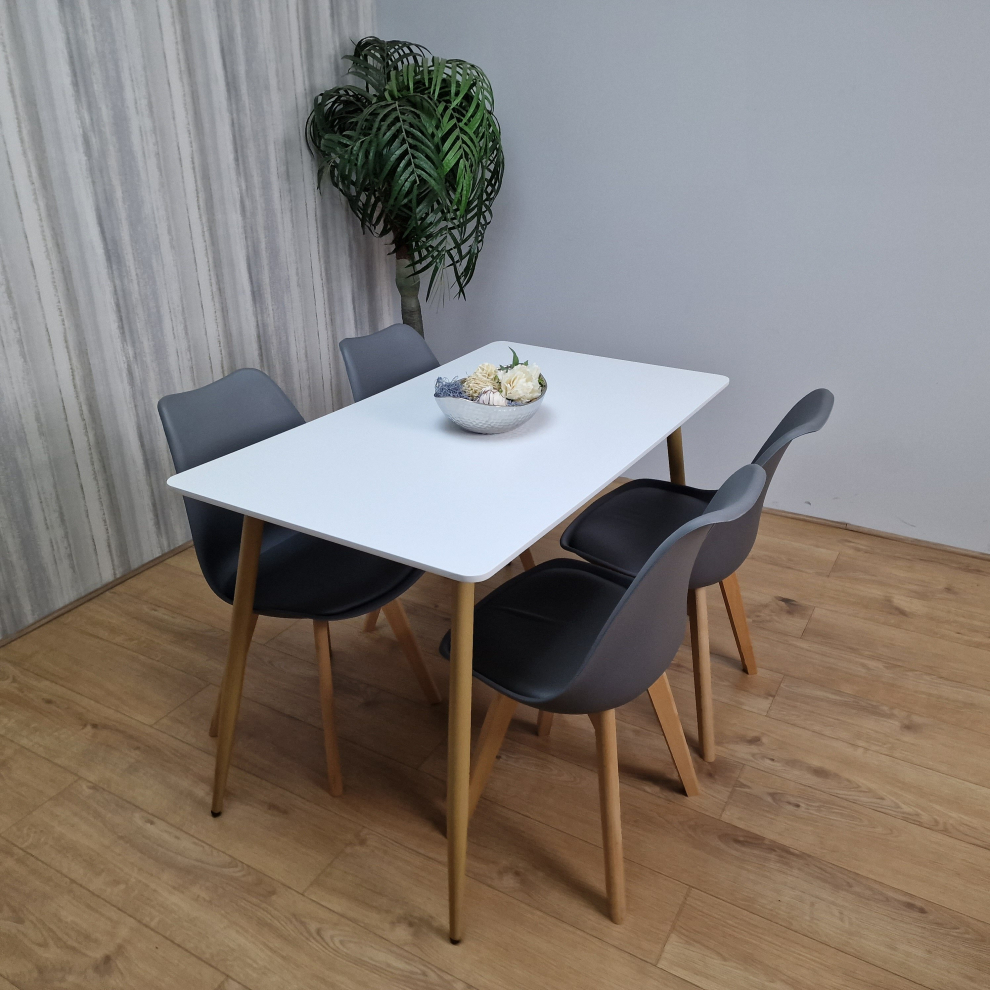 Rectangle White Table and 4 Grey Chairs Set Retro Dining Set