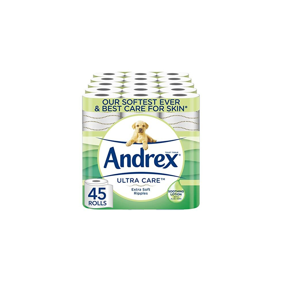 Andrex Ultra Care Toilet Paper - 45 Toilet Roll Pack - contains soothing lotion with Aloe Vera for our best care for skin - Dermatologically Tested