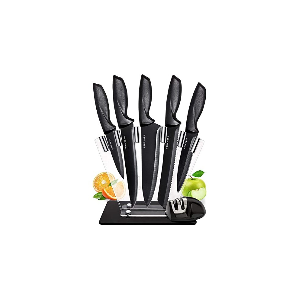 Home Hero Ultra-Sharp Stainless Steel Kitchen Knife Set - Chef Knives Set (7 pcs Set - Black with Knife Block)