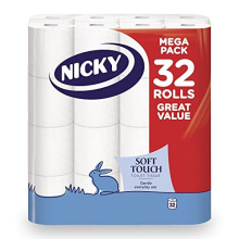 Nicky Soft Touch Toilet Tissue |Extra Value Pack ? 32 Rolls of Extra Gentle White Toilet Paper |200 Sheets per Roll| 2-ply | Soft Tissue | Modern