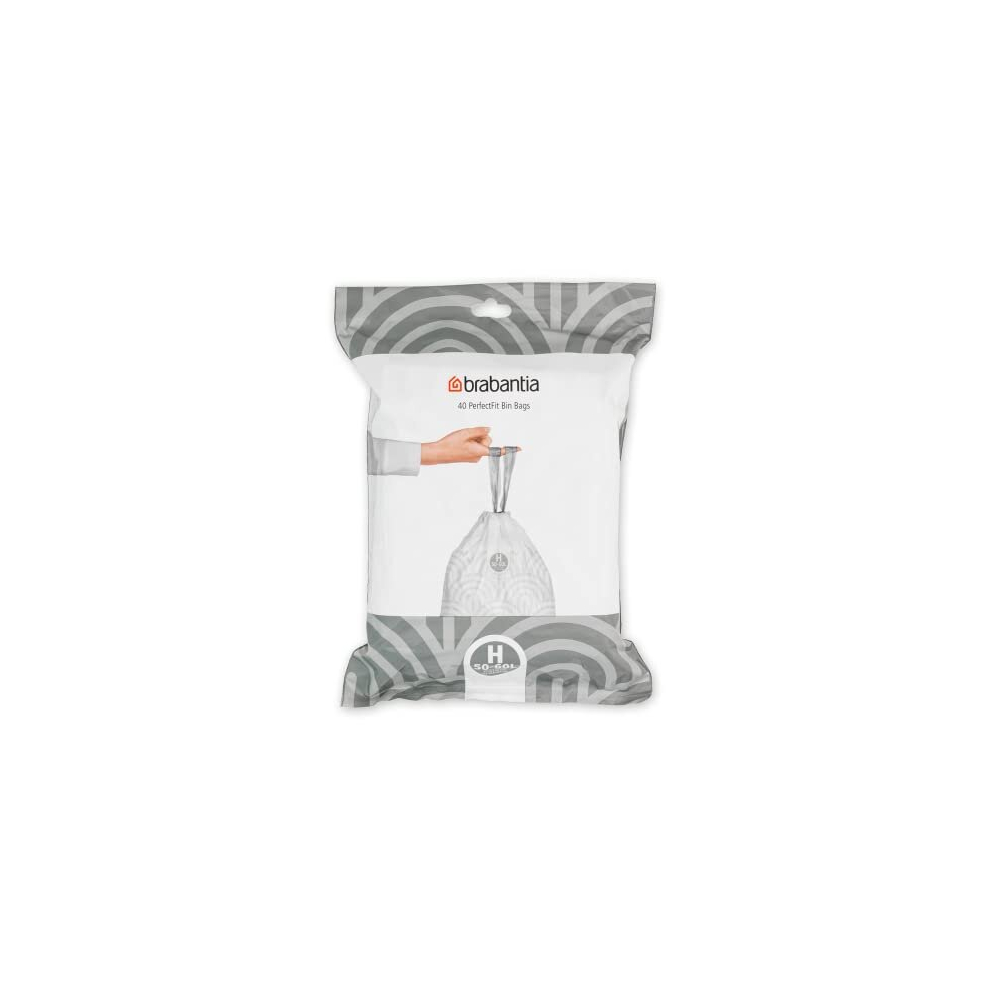 Brabantia 138744 PerfectFit Bin Liners (Size H/50-60 Litre) Thick Plastic Trash Bags with Tie Tape Drawstring Handles (40 Bags), White