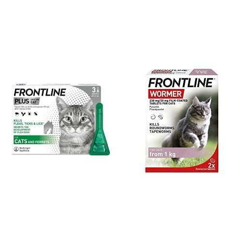 FRONTLINE Plus Flea & Tick Treatment for Cats 3 Pipettes & FRONTLINE Wormer for Cats 2