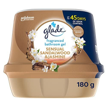 Glade Fragranced Bathroom Gel, Bathroom Air Freshener & Discreet Odour Eliminator, Sensual Sandalwood and Jasmine, 180 g, Packaging May Vary