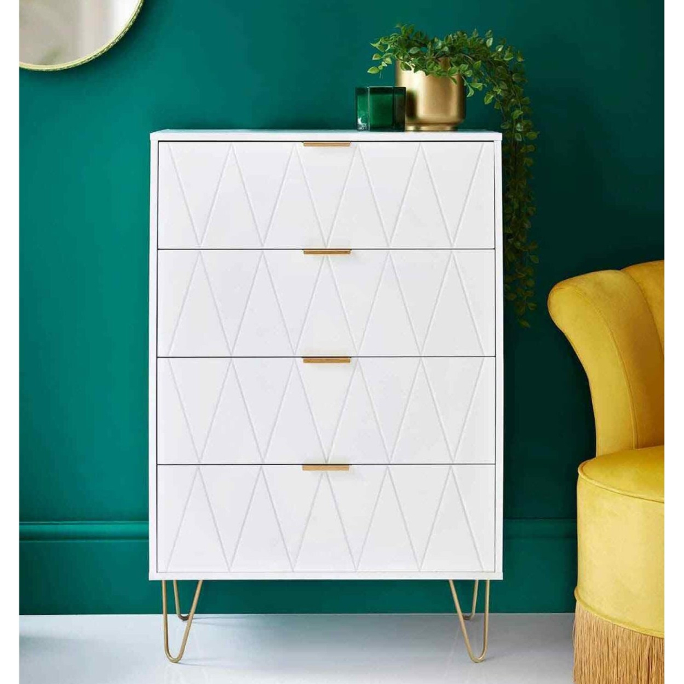 Loft Studio White 4-Drawer Chest with Embossed Drawers & Gold-Finish Metal Legs