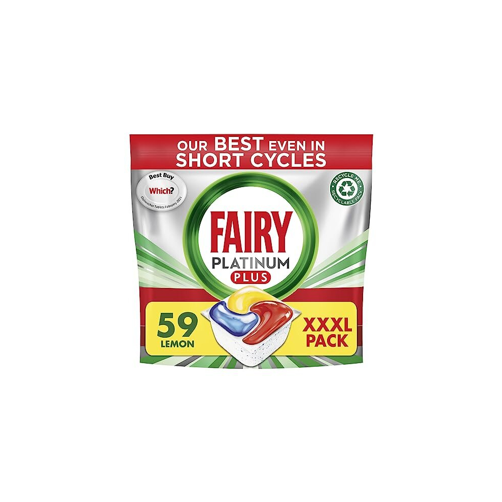 Fairy Platinum Plus All-In-1 Dishwasher Tablets Bulk, 59 Tablets , Lemon, XXL PACK, With Anti-Dull Technology & Rinse Aid Action