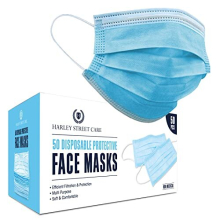 Harley Street Care Disposable Blue Face Masks Protective 3 Ply Breathable Triple Layer Mouth Cover with Elastic Earloops (Pack of 50)
