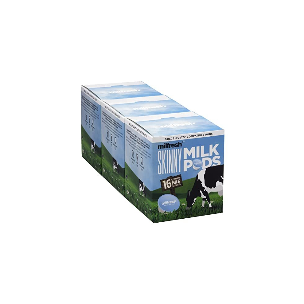 Milfresh Skinny Milk Pods - Dolce Gusto Compatible Milk Pods 3 Boxes x 16 Pods (48 Skimmed Milk Pods, 48 Servings Total)