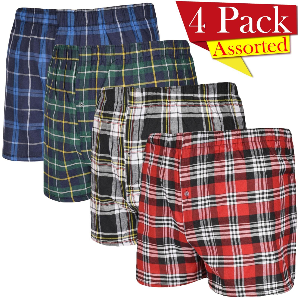 (M) 4 Pack Mens Woven Boxer Premium Cotton Check Short