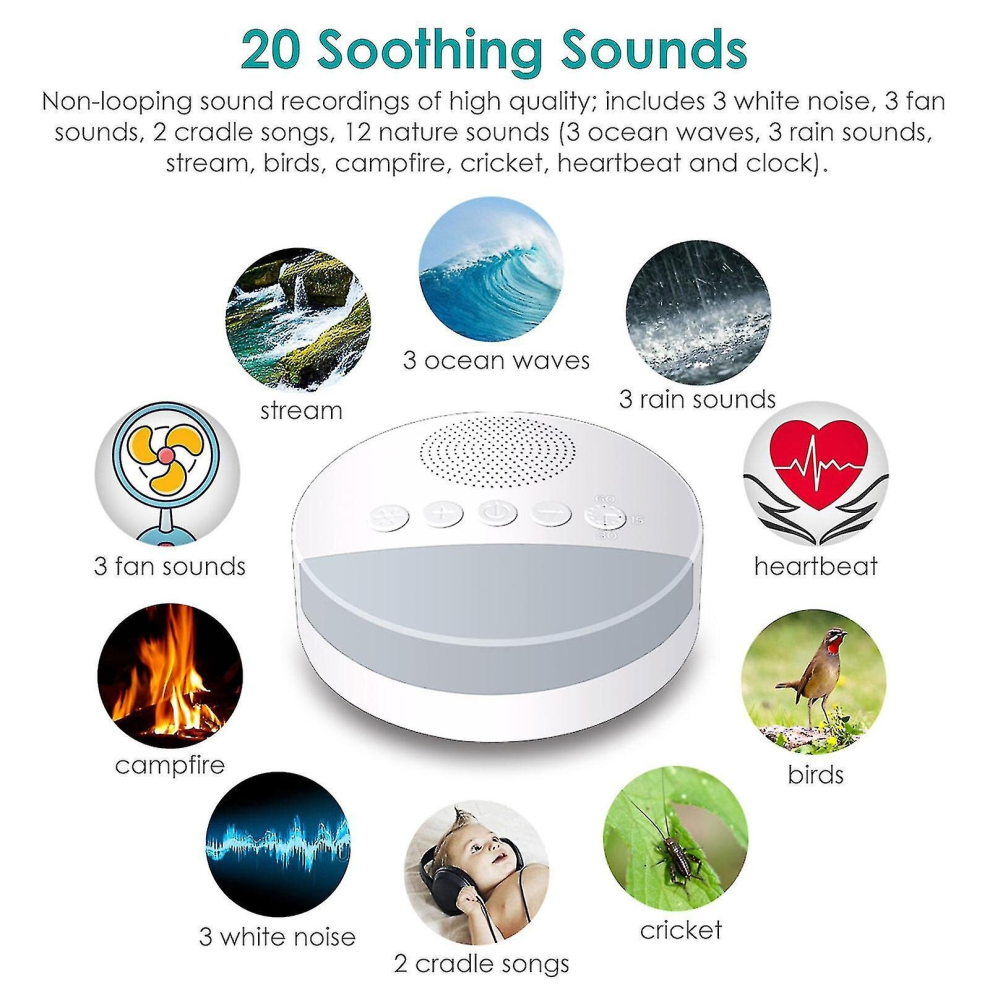 White/Light Noise Machine For Sleeping, Rechargeable Noise Machine With 20 Soothing Sounds, Night Timer